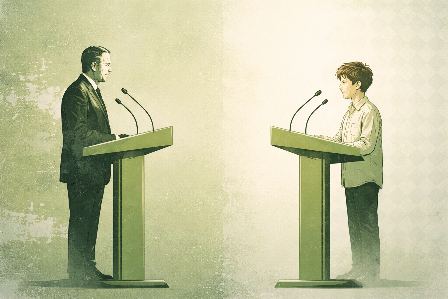 Illustration of two people engaged in a thoughtful debate at podiums