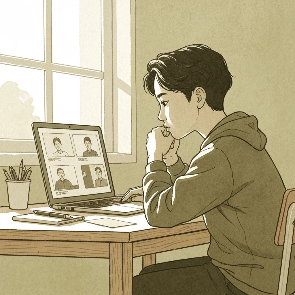 A student thoughtfully engaged in an online debate session